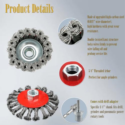 4Pcs Wire Wheel Brush for Rust,Paint,Metal Removal, 4" Flat Knotted Twist Carbon Steel Brush & 3" Knotted Wire Cup Brush,Fits 5/8"-11 UNC Arbor(with 2 Pcs 1/4" Shank Drill Adapter) - style: 4" Flat Knotted Wire Wheel & 3" Knotted Wire Cup Brush