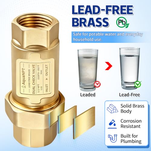Lead-Free Brass Dual Check Valve, 1/2 Inch NPT Female Backflow Preventer