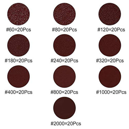 uxcell 200pcs 2 Inch Hook and Loop Sanding Discs Sandpaper 60 80 120 180 240 320 400 800 1000 2000 Grits for Car Polishing