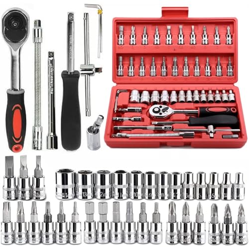 46pcs 1/4’’ Drive Ratchet Socket Wrench Set for Auto Repair and Household - color: Red