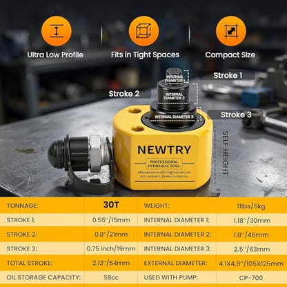 NEWTRY 30T Low Profile Jack+ CP-700 Hand Pump, 2.12" Stroke Multi-Section - size: 30T Hydraulic Jack + cp-700 Pump