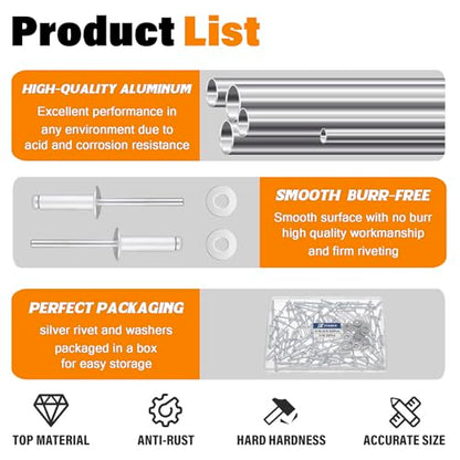 3/16" x 5/8" Silver Aluminum Pop Rivets with Stainless Steel Washers 4.8 x 16mm Blind Rivet Assortment Kit (Pack of 130pcs) - size: 3/16*5/8