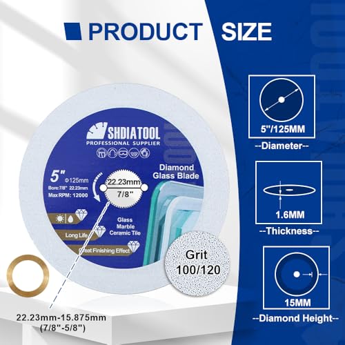 SHDIATOOL Diamond Glass Cutting Disc 5-Inch Saw Blade, Ultra-Thin Cut Off Wheel for Tile Ceramic Porcelain Marble 125mm (5 of Pack) - size: 5inch/125mm