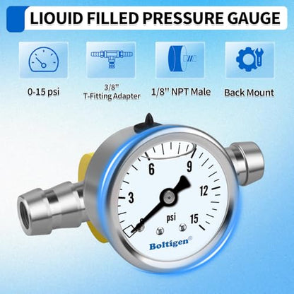 Boltigen Fuel Pressure Gauge, 1/8'' NPT Inline Fuel Pressure Guage Kit with 3/8'' Barb, Stainless Steel, 0-15Psi Glycerin Filled, Center Back Mount (White) - color: White