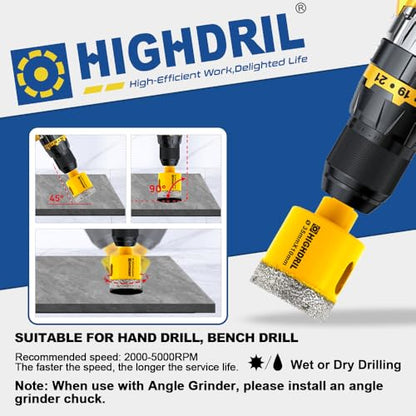 HIGHDRIL 11Pcs Diamond Hole Saw Kit - 1/4", 5/16", 3/8", 4/5", 1", 1-1/8", 1-1/4", 1-3/8", 1-3/4", 2", 2-1/2" Drill Bits for Tile Porcelain Ceramic Granite Marble - size: Shank Set1
