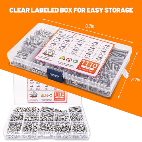 1110-Piece M3 Stainless Steel Socket Head Screw & Nut Kit – Hex Drive Cap Screws (4-30mm) with Allen Wrench & Curved Tweezer – Metric Machine Screw Assortment Set - size: 1110 pieces M3