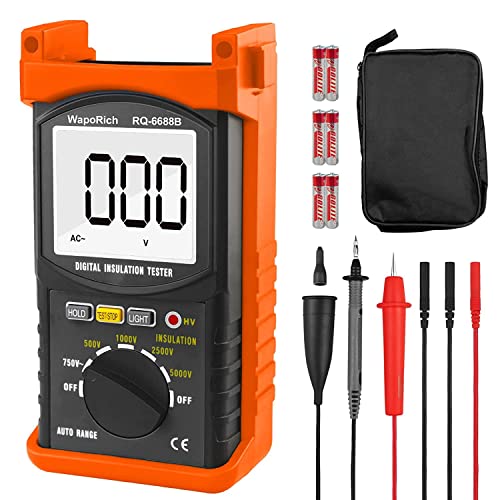Megohmmeter 200 Gig Ohm Digital Insulation Resistance Tester 500V/1kV/2.5kV/5kV Auto Range Voltage,Resistance Tester with 1999 Count LCD Display, Data Hold, Back-Light-RQ-6688B（Orange） - color: US-RQ-6688B