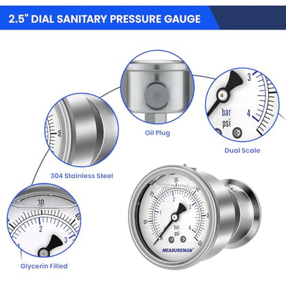 MEASUREMAN 2.5" Stainless Steel Sanitary Pressure Gauge, 0-60 PSI/bar (Dual Scale), Glycerin Filled, Back Mount with 1.5" Tri-Clamp Diaphragm Seal for Food/Beverage/Bio Pharma - size: 2.5",0-60 psi/bar, style: Back Mount