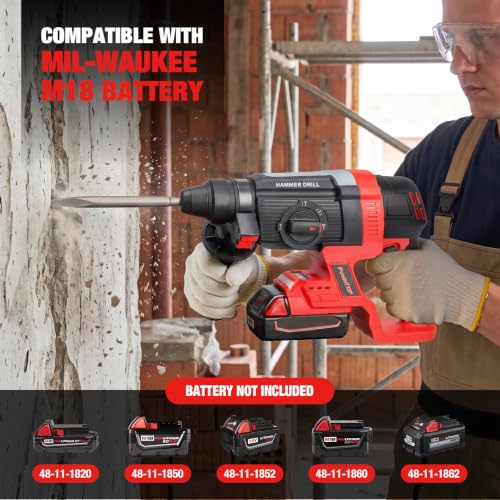 SDS Plus Cordless Rotary Hammer Drill for Milwaukee M18 Battery, Hammer Drill 18v Brushless for Concrete/Masonry/Wood/Metal, Rotomartillo, 4 Functions, 5 Drills with Gloves (Battery Not Included) - color: Red