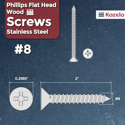 50pcs Phillips Wood Screws #8x2 304 Stainless Steel Silver - color: Silver, size: #8x2"