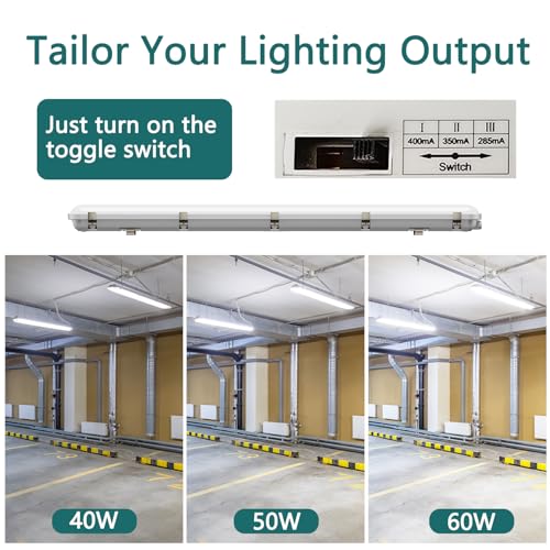 Zaltris 4FT Vapor Tight LED Lights, 60/50/40W, 3000K/4000K/5000K Adjustable