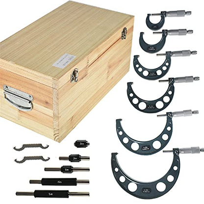 6-Pack 0-6 Inch Outside Micrometer & Accessories, Professional 0.0001 Precision Graduation W/Carbide Tips, Machinist Tool Set Industrial Tools
