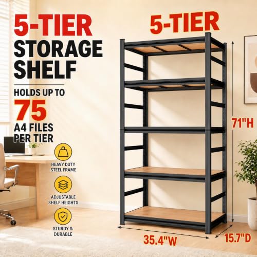 Bolt-Free Metal Bookshelf, Adjustable Tall Bookcase with Anti-Drop Fence, Heavy Duty Deep Book Shelf, Large Office Bookshelf, Modern Storage Shelves for Bedroom, LivingRoom, Garage - size: 5-Tier 36"W x16"D x71"H