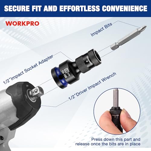 WORKPRO 1/2" Square Drive to 1/4" Hex Quick Release Socket Adapter, CR-MO - size: 1/2 inch