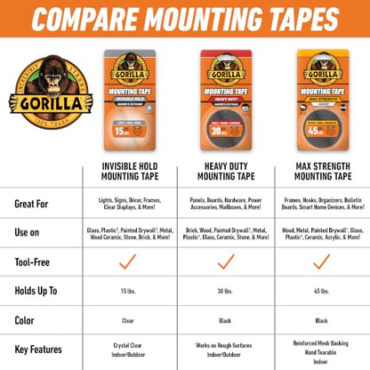 GORILLA Mounting Tape, Max Strength, Double-Sided, 1 in x 60 in