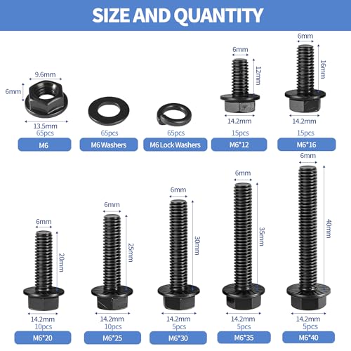 260Pcs M6 Black Flange Bolts Assortment Kit with Flange Nuts,Washers & Lock Spring Washers,M6-1.0x12/16/20/25/30/35/40mm Hex Head Screw,Carbon Steel Full Thread DIN 6921 - size: Black M6 Flange Blots Kit