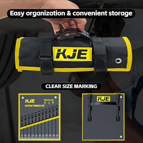 KJE 90-Teeth SAE 180° Flex-Head Ratcheting Wrench Set, Cr-V Steel, 11-Piece SAE 1/4"-3/4" Combination Wrenches set, Nickel Plating, with Organizer Bag, for Auto, Machine Repair, Gift - size: 11PCS SAE 6.35 - 19.05 mm
