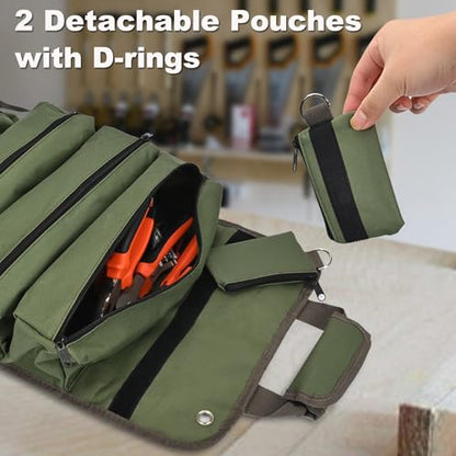 Heavy Duty Roll Up Tool Bag Organizer w/Detachable Pouches, Gifts for Men - color: Black