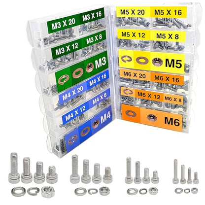 EEEEE 880PCS Metric M6 M5 M4 M3 Metric Bolt Assortment Metric Screws Assortment kit 16 Sizes Set Hex Socket Head Cap Screw 304 Stainless Steel Assorted Nuts and Bolts Washer - size: M3 M4 M5 M6 880 pieces