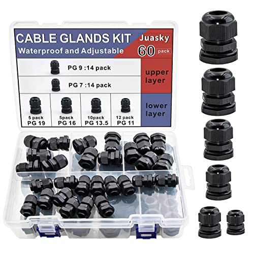 60 Pack Cable Glands Waterproof Adjustable 7/64”-5/8” (3mm-16mm), Black Nylon Joints with Gaskets, Cable Strain Relief Cord Connector Kit, Pg 7, Pg 9, Pg11, Pg 13.5, Pg16, Pg19