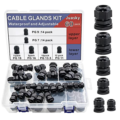 60 Pack Cable Glands Waterproof Adjustable 7/64”-5/8” (3mm-16mm), Black Nylon Joints with Gaskets, Cable Strain Relief Cord Connector Kit, Pg 7, Pg 9, Pg11, Pg 13.5, Pg16, Pg19