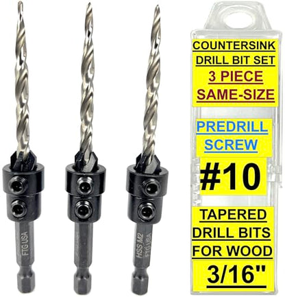 FTG USA 3 Pc #10 (3/16") Countersink Drill Bit Set with Tapered Drill Bi - size: #10, style: Same Sort 3 Pc
