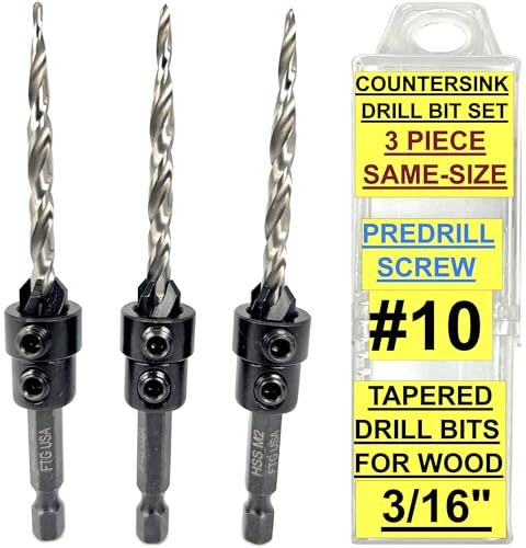 FTG USA 3 Pc #10 (3/16") Countersink Drill Bit Set with Tapered Drill Bi - size: #10, style: Same Sort 3 Pc