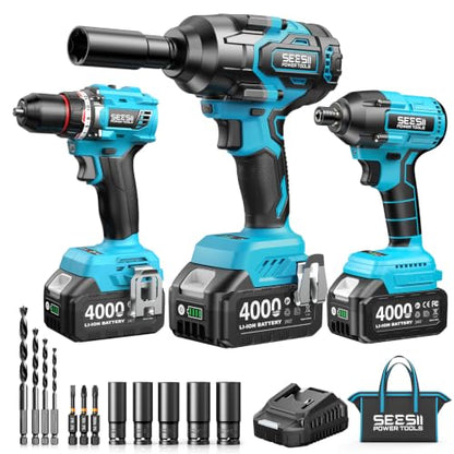Seesii Impact Wrench Drill Driver,Power Tool Combo Kit For Car Home DIY - color: Light Blue 1000n.m + Two Batteries