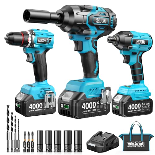 Seesii Impact Wrench Drill Driver,Power Tool Combo Kit For Car Home DIY - color: Light Blue 1000n.m + Two Batteries