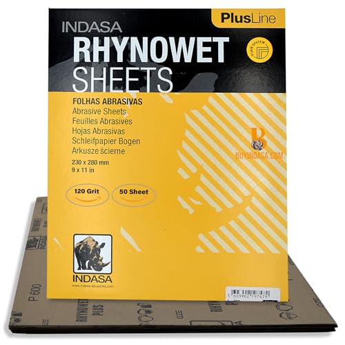 Indasa 50 PCS 9x11” Wet & Dry Sandpaper Sheets, 120 GRIT, Rhynowet Clog-Resistant Abrasive for Wood, Metal, Auto, Paint & Clear Coat Finishing, Sand Paper Aluminum Oxide, Plusline - size: 120 GRIT 9"x11" Aluminum Oxide