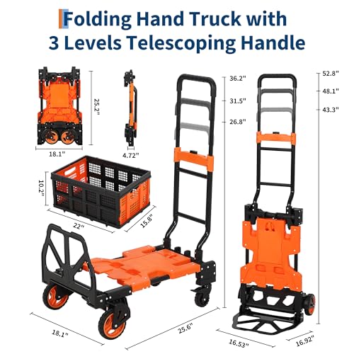Versatile 2-in-1 Folding Hand Truck Dolly – Collapsible Basket, Retractable Handle, 4 Wheels – Heavy Duty Moving and Shopping Platform, 330 Lb Capacity, Foldable and Compact for Easy Storage - color: Orange