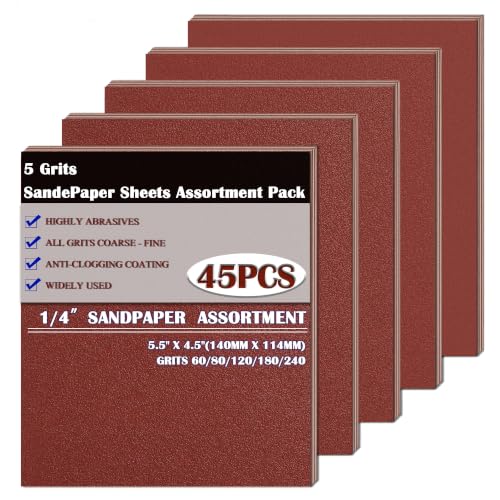 Dianrui 45 PCS 1/4" Sandpaper Sheets for Palm Sander, 5.5" x 4.5"- 60/80/120/180/240 Grit Sandpapers Assortment for Wood Metal Furniture Sand Paper for Drywall