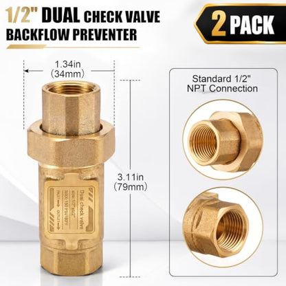 2 Pcs 1/2" Lead-free Brass Dual Check Valve, 1/2" FNPT Backflow Preventer