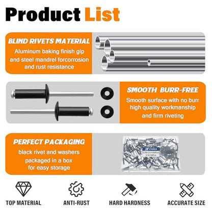 130pcs 3/16" x 3/4" Black Aluminum Pop Rivets with Stainless Steel Washers 4.8 x 20mm Blind Rivet Assortment Kit - size: 3/16*3/4