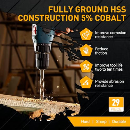 M35 Cobalt Drill Bit Set, 29Pcs High Speed Steel Twist Jobber Length Drill Bit Kit for for Hardened Metal, Stainless Steel, Cast Iron, Wood and Plastics with Index Storage Case, 1/16" - 1/2" - style: 29PCS