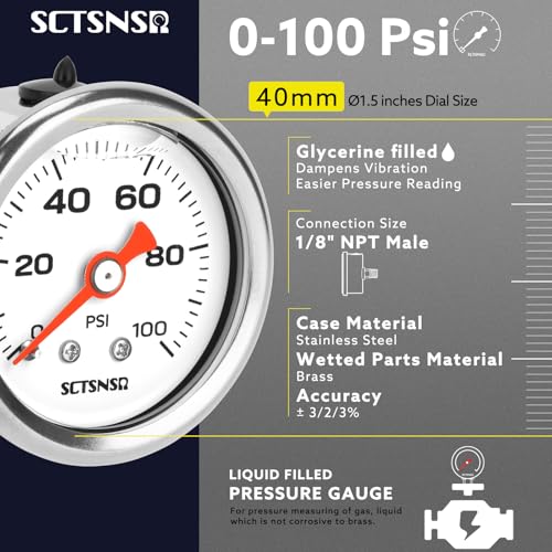 0-100 Psi Fuel Pressure Gauge, 1/8" NPT Back Mount - size: 0-100 Psi, style: Back Mount