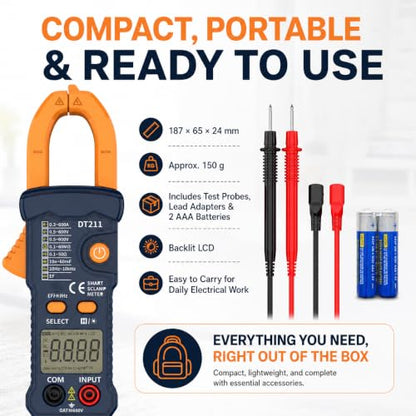 IZIO DT211 Mini Digital Clamp Meter, 600A AC Current Tester & 600V AC/DC Voltage Multimeter, True RMS, NCV Non-Contact Voltage Detector, Auto Range Resistance Capacitance Frequency Tester