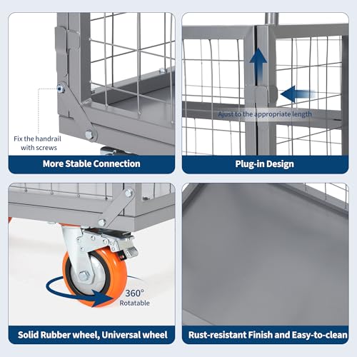 Platform Truck Cart with Cage, 6-in-1 Multi-Purpose Push Cart Dolly, Foldable Hand Truck Load 1800 LBS with 4 Wheels Flatbed Cart for Grocery, Laundry, Garage, Warehouse,Silver - color: Silver