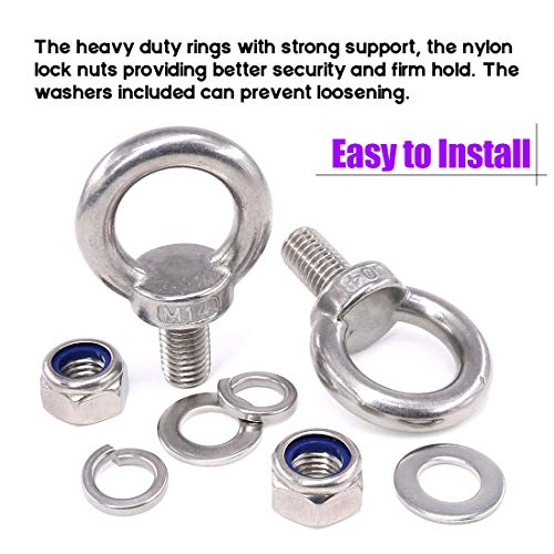 8Pcs 304 Stainless Steel M14 Male Thread Lifting Ring Eye Bolt Kit, Including 2Pcs M14 Eye Bolt with 2Pcs Lock Nuts, 2Pcs Lock Washers and 2Pcs Flat Washers