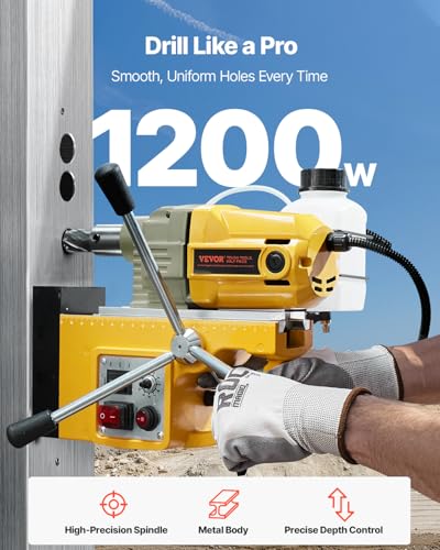 VEVOR Magnetic Drill, 1200W Motor 1.6 in Boring Diameter, 2810 lbf Electric Mag Drill Press, with 2 Coring Bits, Variable Speed, Drilling Machine for Metal Surface, Home Improvement Industry, Yellow - size: 1.6 in (2 Bits)