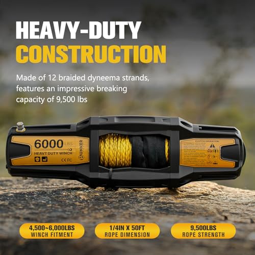 BUNKER INDUST 1/4" x 50' Synthetic Winch Rope,9500LBS ATV UTV Winch Cable with Protective Sleeve 50 FT Winch Line Replacement for 4500 to 6000LBS Winch, Yellow - color: yellow, size: 1/4inch x 50ft