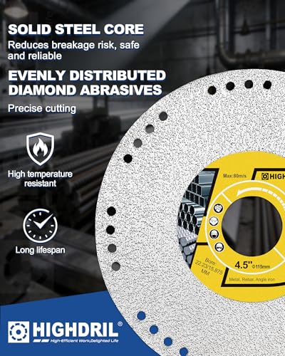 HIGHDRIL 4.5" Metal Diamond Cut Off Wheel 3-Pack for Rebar, Stainless Steel