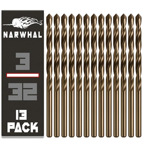 Narwhal 3/32 Inch Cobalt Drill Bits (13 Pack - Industrial Grade M35 Cobalt) 2-1/4" Length & 135 Degree Split Point for Drilling Into Metal, Hardened & Stainless Steel, Cast Iron, & More! - size: 3/32 in