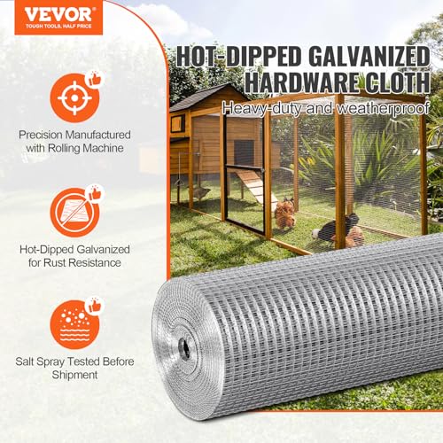 VEVOR Hardware Cloth, 1/2 inch 48in x 50 ft 19 Gauge, Hot Dipped Galvanized Wire Mesh Roll, Chicken Wire Fencing, Wire Mesh for Rabbit Cages, Garden, Small Rodents - size: 48'' x 50'