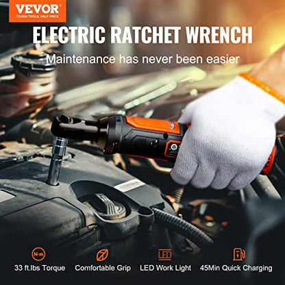 VEVOR 3/8" Cordless Electric Ratchet Wrench Set, 33 Ft-lbs 12V Power Ratchet Tool Kit with 45-Min Fast Charge, 2-Pack 2.0Ah Battery, Built-in LED Light, Variable Speed Trigger, 10 Sockets - size: 11.02 in, style: Standard