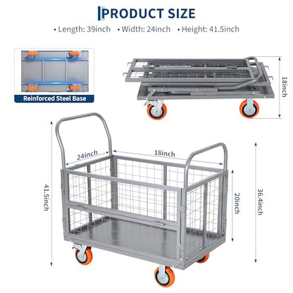 Platform Truck Cart with Cage, 6-in-1 Multi-Purpose Push Cart Dolly, Foldable Hand Truck Load 1800 LBS with 4 Wheels Flatbed Cart for Grocery, Laundry, Garage, Warehouse,Silver - color: Silver