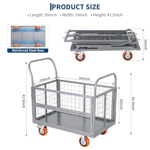 6-in-1 Folding Flatbed Dolly, 1800lbs Heavy Duty Platform Cart with Cage - color: Silver
