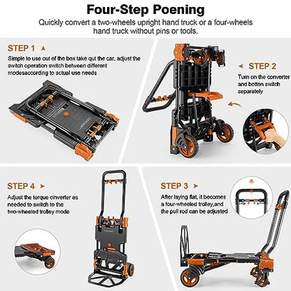 Folding Hand Truck Dolly, 330lb Convertible 4 to 2 Wheel Moving Cart,Orange - size: 330LB Orange