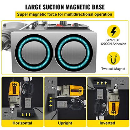 VEVOR Magnetic Drill, 1100W 1.57" Boring Diameter, 2697lbf/12000N Portable Electric Mag Drill Press with 7 Bits, 580 RPM Max Speed Drilling Machine for any Surface and Home Improvement - size: 1.57 in (7 Bits)