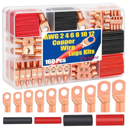Twidec/160PCS Battery Cable Ends AWG 2 4 6 8 10 12 Gauge Copper Cable Wire Lugs,Ring Terminals Connectors,Copper Ring Terminals Connectors with Heat Shrink N-095-160PCS - color: 160PCS